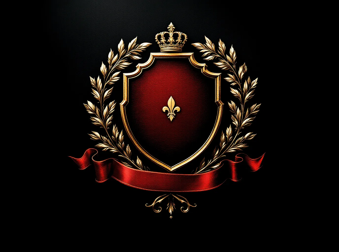 Baroque heraldic crimson-and-gold shield emblem with laurels and ribbon for the caveat section