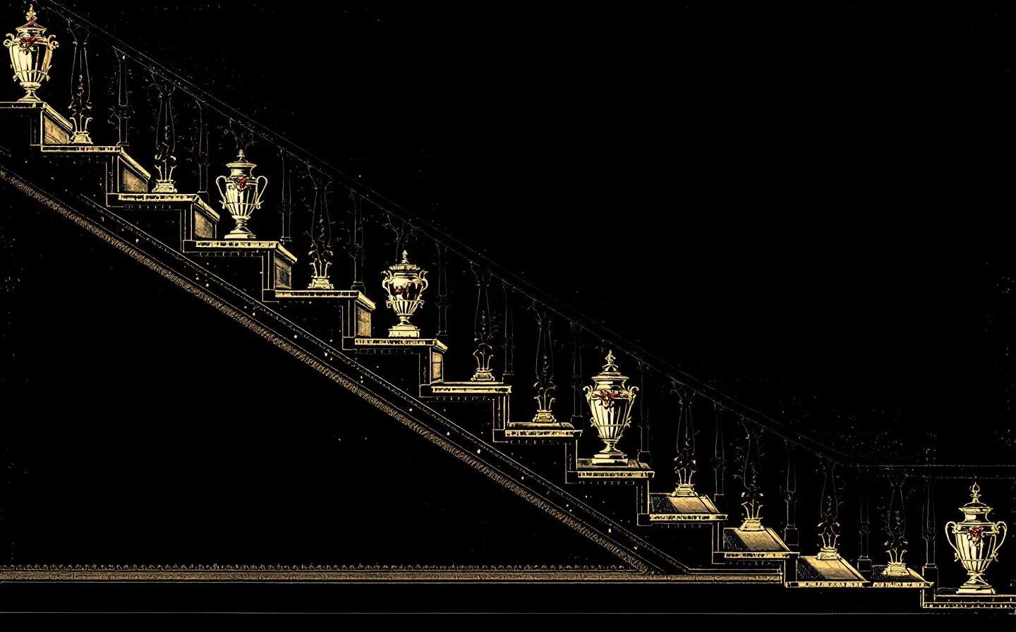 Baroque engraving of an ornate gilded staircase with six ascending urns representing dose escalation