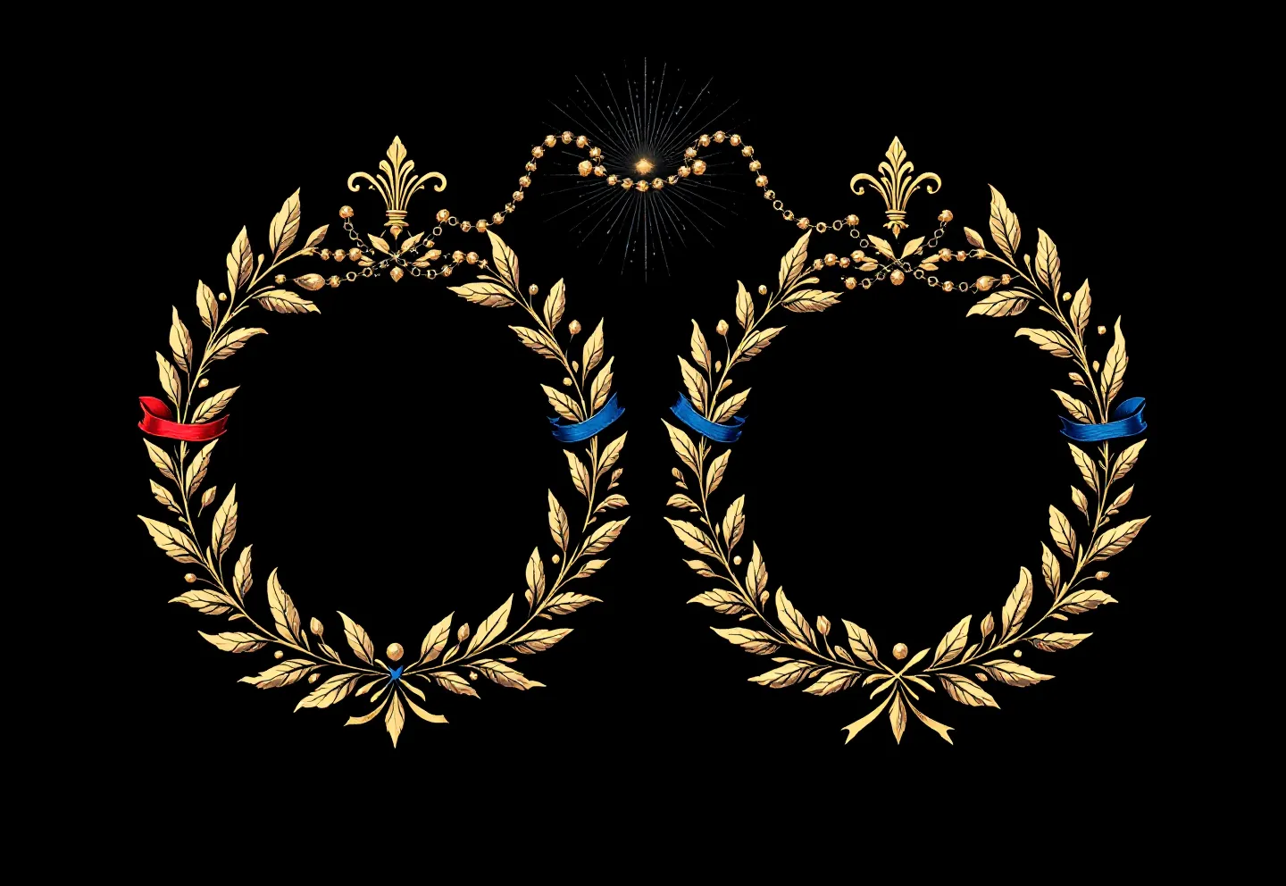 Baroque allegory of dual incretin agonism rendered as two laurel rings linked by a gold filigree chain