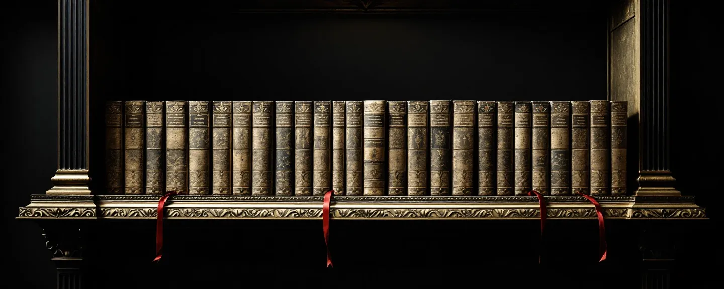 Baroque engraving of bound folio volumes on a gilded gallery shelf with crimson ribbon bookmarks