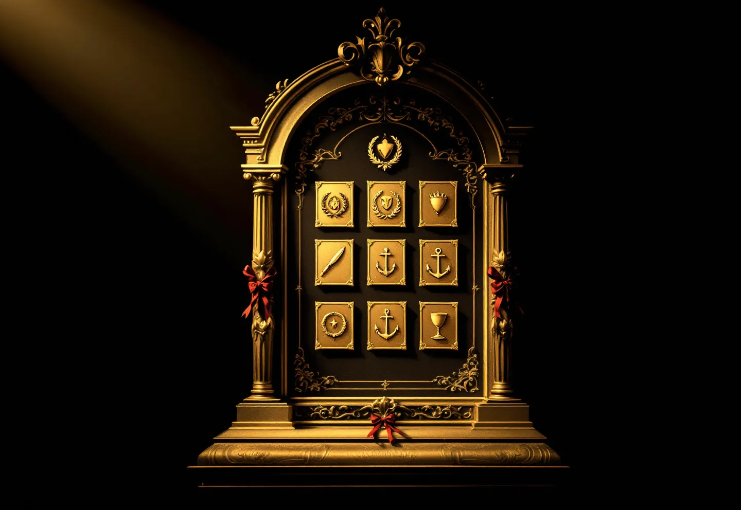 Baroque engraving of an ornate gilded cabinet displaying nine plaques with symbolic ornamental glyphs
